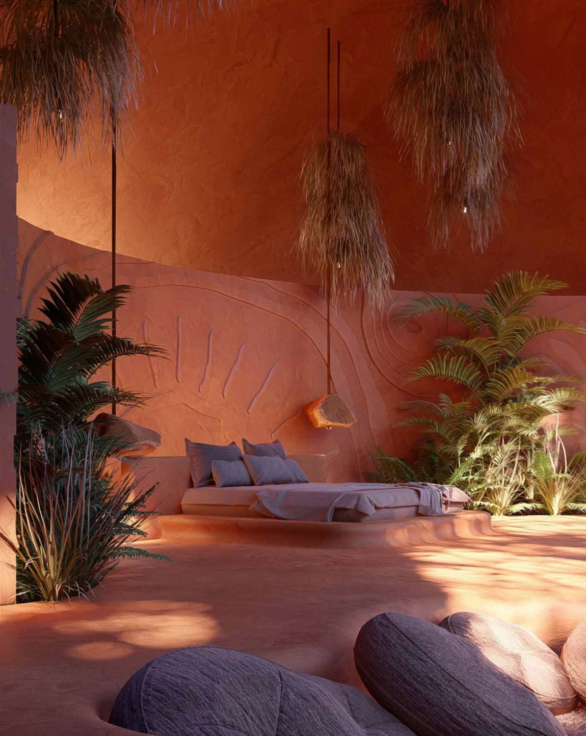 Rammed earth guest room, rendering